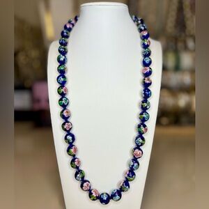 Vintage Cloisonné beaded necklace , hand knotted , gold tone clasp 25” long